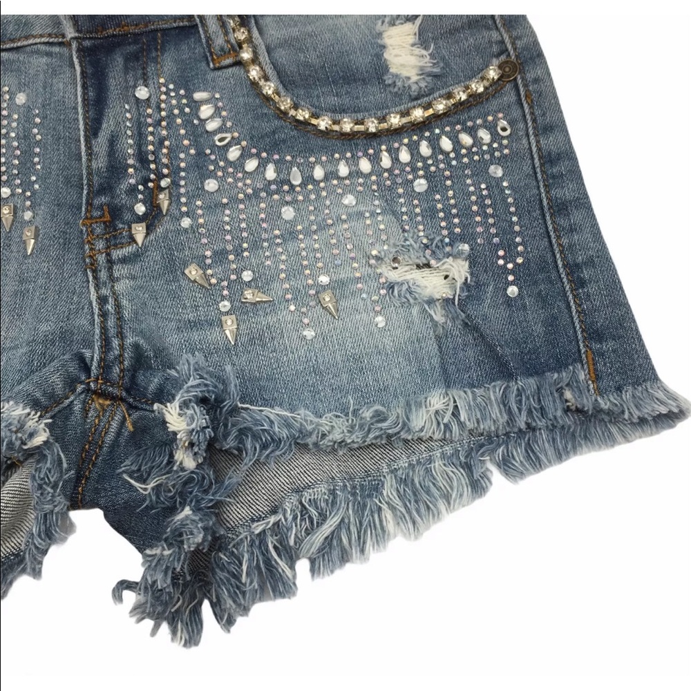 Machine Distressed Cutoff Jean Shorts Rhinestone - Picture 9 of 9